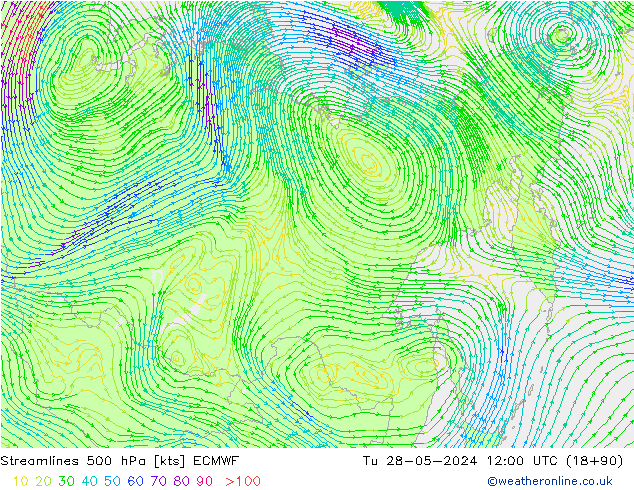 Línea de corriente 500 hPa ECMWF mar 28.05.2024 12 UTC