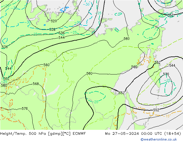 Z500/Rain (+SLP)/Z850 ECMWF Mo 27.05.2024 00 UTC