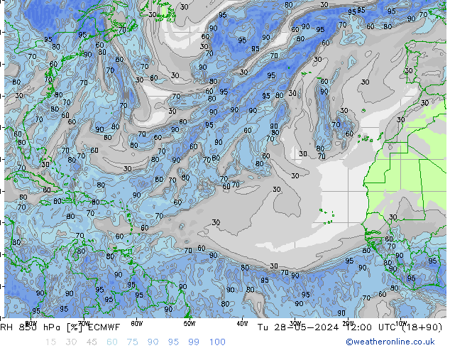 RH 850 hPa ECMWF Út 28.05.2024 12 UTC