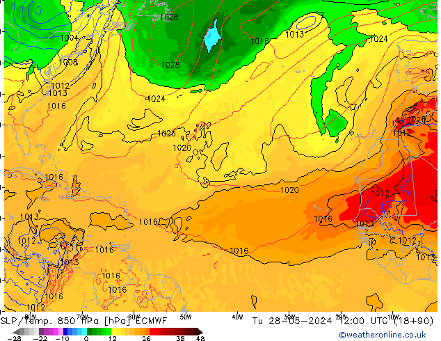 SLP/Temp. 850 hPa ECMWF  28.05.2024 12 UTC