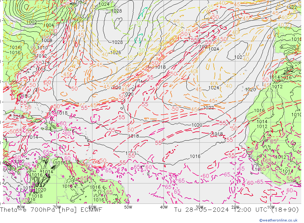 Theta-e 700hPa ECMWF Tu 28.05.2024 12 UTC