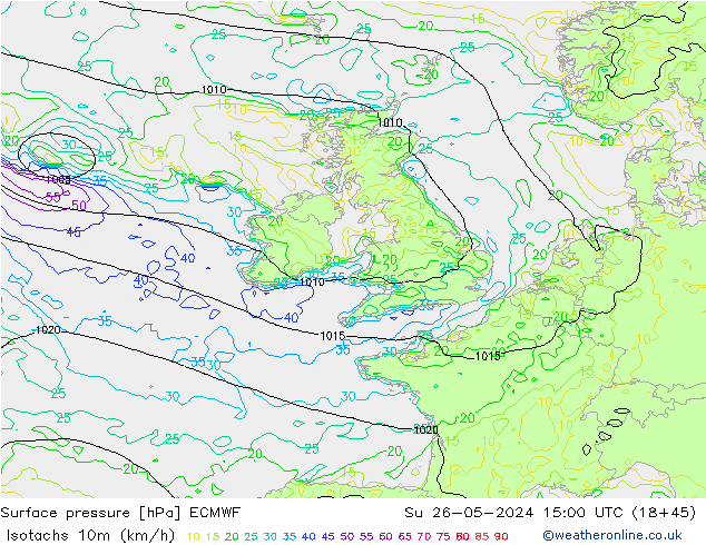 Isotachs (kph) ECMWF Вс 26.05.2024 15 UTC