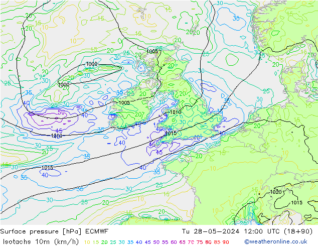 Isotaca (kph) ECMWF mar 28.05.2024 12 UTC