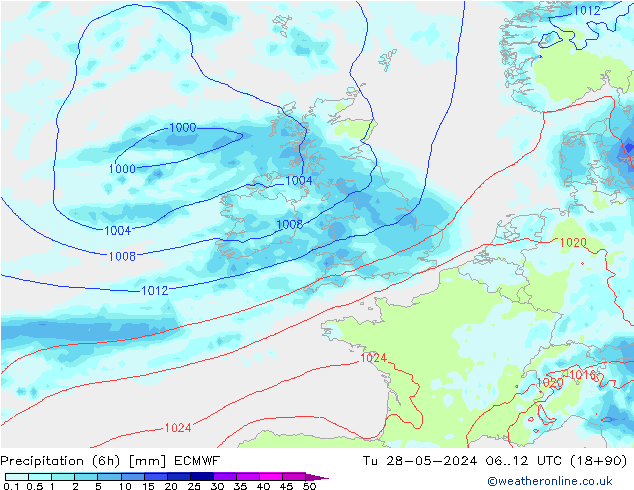 Precipitation (6h) ECMWF Út 28.05.2024 12 UTC