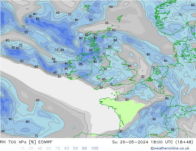 RH 700 hPa ECMWF Su 26.05.2024 18 UTC