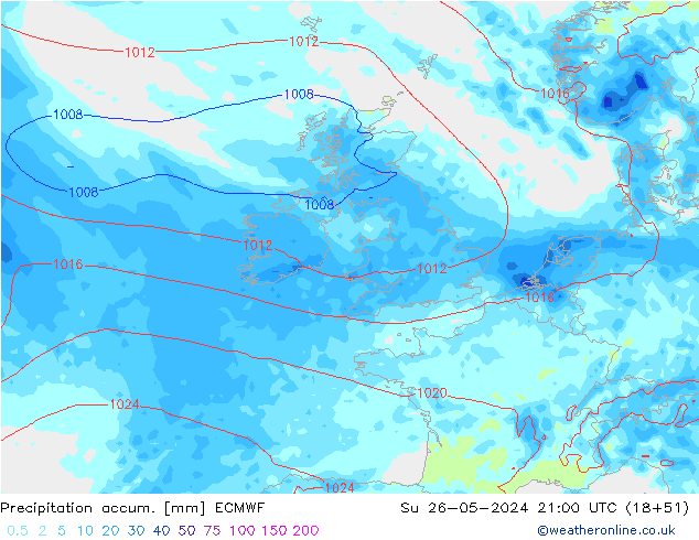 Precipitation accum. ECMWF Su 26.05.2024 21 UTC