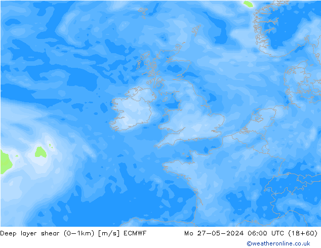 Deep layer shear (0-1km) ECMWF lun 27.05.2024 06 UTC