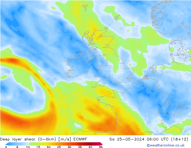 Deep layer shear (0-6km) ECMWF  25.05.2024 06 UTC