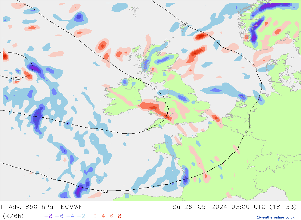 T-Adv. 850 гПа ECMWF Вс 26.05.2024 03 UTC