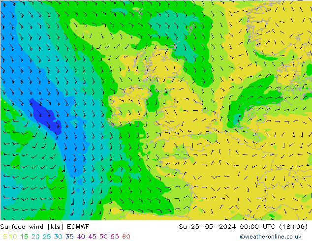 wiatr 10 m ECMWF so. 25.05.2024 00 UTC