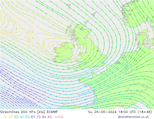 Streamlines 200 hPa ECMWF Su 26.05.2024 18 UTC