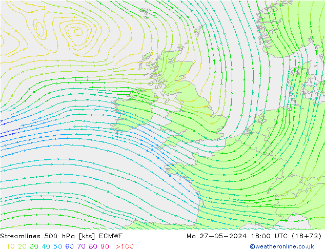 Streamlines 500 hPa ECMWF Mo 27.05.2024 18 UTC