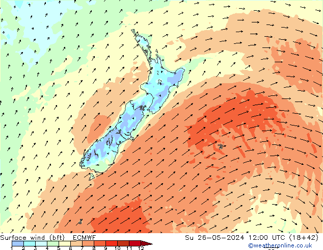 Surface wind (bft) ECMWF Ne 26.05.2024 12 UTC