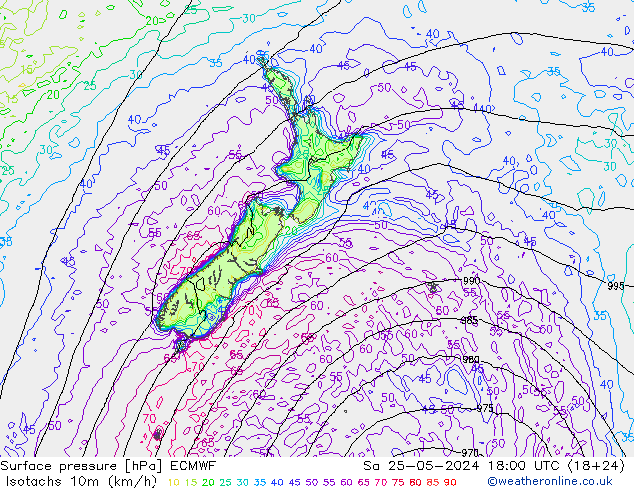 Isotachs (kph) ECMWF Sáb 25.05.2024 18 UTC