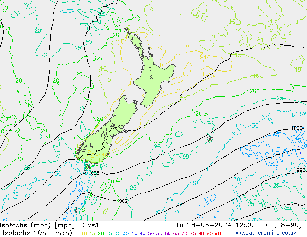 Isotachs (mph) ECMWF Tu 28.05.2024 12 UTC