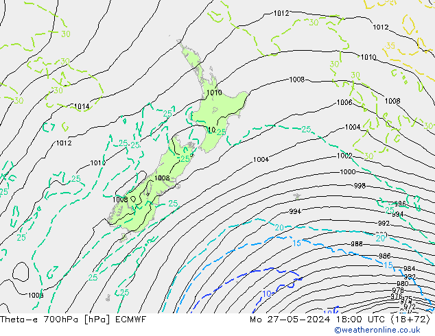 Theta-e 700hPa ECMWF pon. 27.05.2024 18 UTC