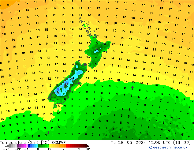 mapa temperatury (2m) ECMWF wto. 28.05.2024 12 UTC