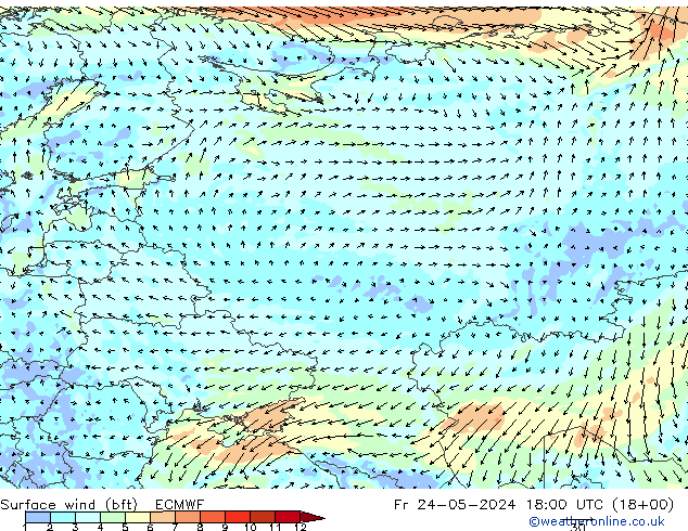 Wind 10 m (bft) ECMWF vr 24.05.2024 18 UTC