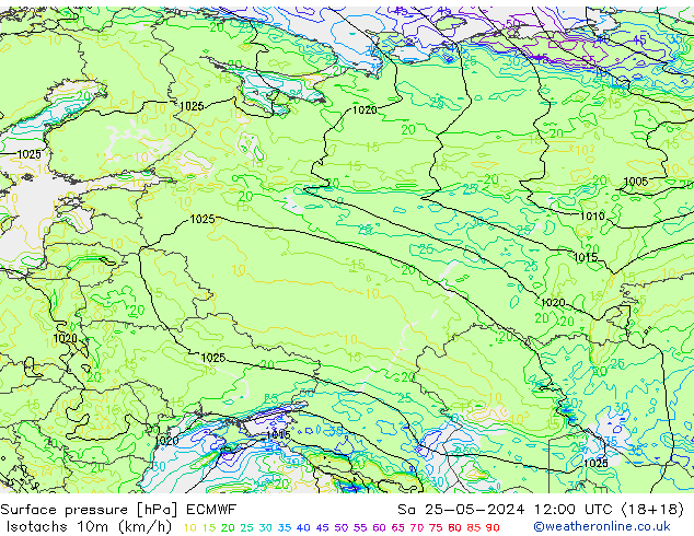 Isotachs (kph) ECMWF  25.05.2024 12 UTC