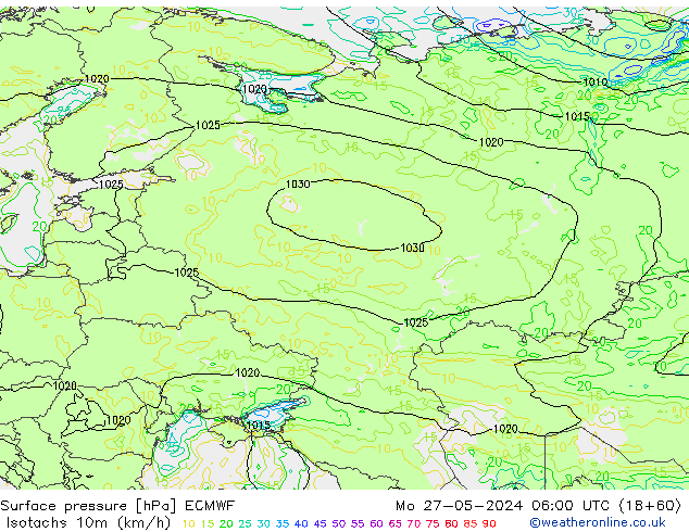Isotachs (kph) ECMWF пн 27.05.2024 06 UTC