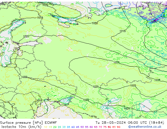 Isotaca (kph) ECMWF mar 28.05.2024 06 UTC