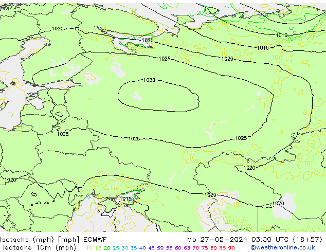 Isotachs (mph) ECMWF Mo 27.05.2024 03 UTC