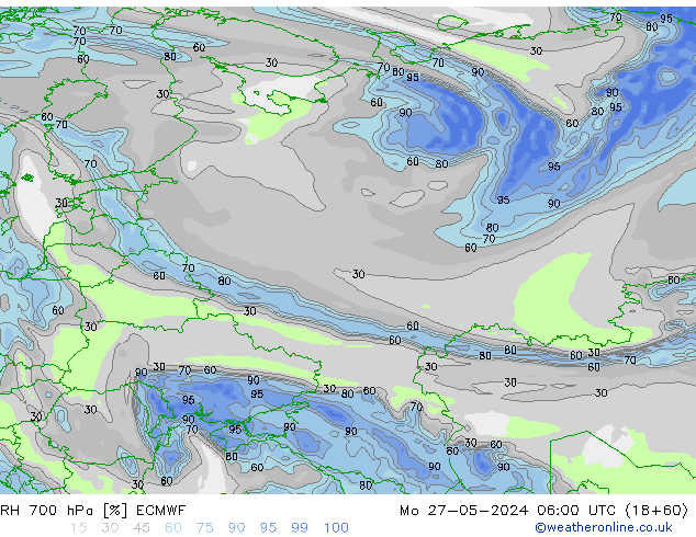 RH 700 hPa ECMWF pon. 27.05.2024 06 UTC