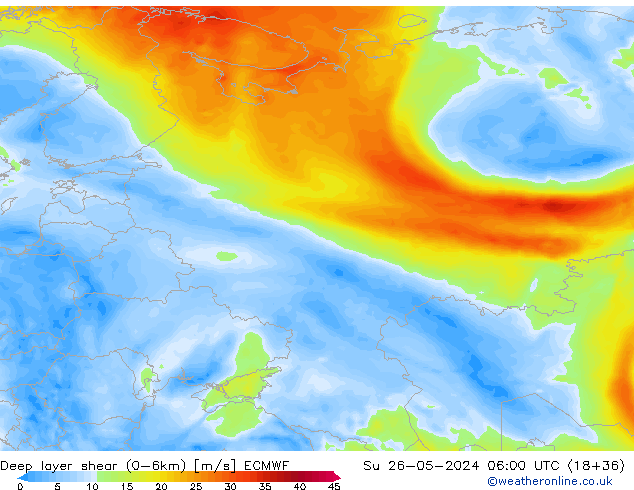 Deep layer shear (0-6km) ECMWF Dom 26.05.2024 06 UTC