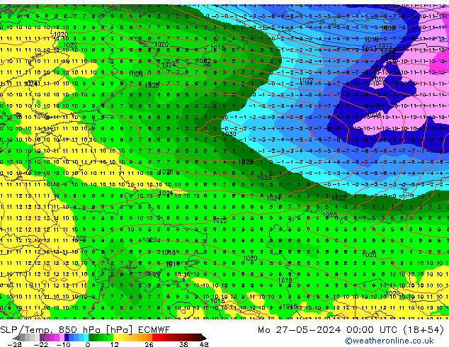 SLP/Temp. 850 hPa ECMWF lun 27.05.2024 00 UTC