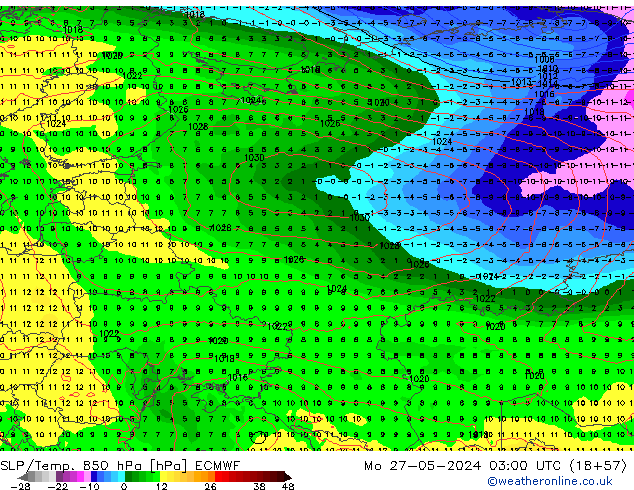 SLP/Temp. 850 hPa ECMWF pon. 27.05.2024 03 UTC