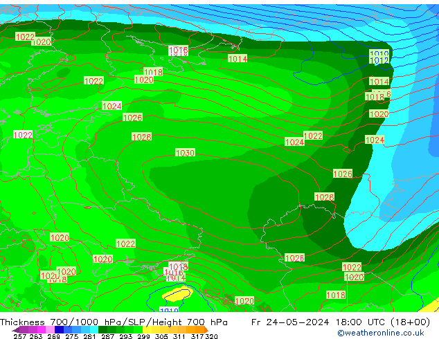 Thck 700-1000 hPa ECMWF ven 24.05.2024 18 UTC