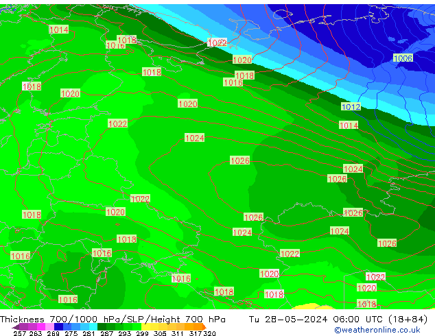 Thck 700-1000 hPa ECMWF mar 28.05.2024 06 UTC