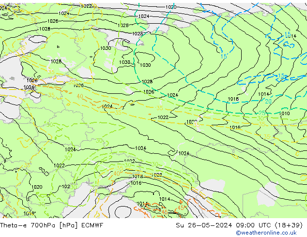 Theta-e 700hPa ECMWF Su 26.05.2024 09 UTC