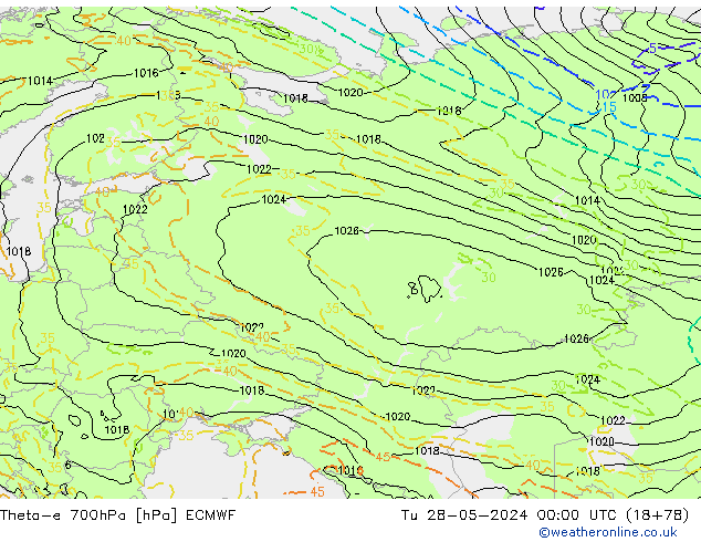 Theta-e 700hPa ECMWF di 28.05.2024 00 UTC