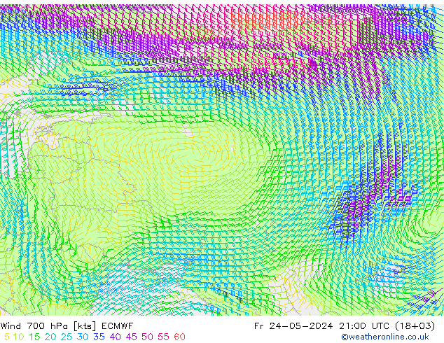 Wind 700 hPa ECMWF Fr 24.05.2024 21 UTC