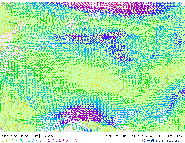 wiatr 950 hPa ECMWF so. 25.05.2024 00 UTC