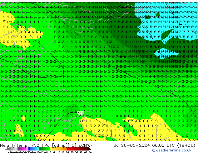 Height/Temp. 700 hPa ECMWF dom 26.05.2024 06 UTC