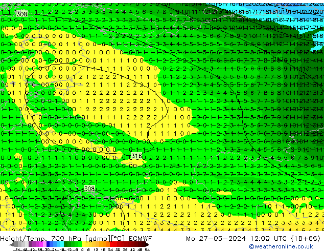 Geop./Temp. 700 hPa ECMWF lun 27.05.2024 12 UTC