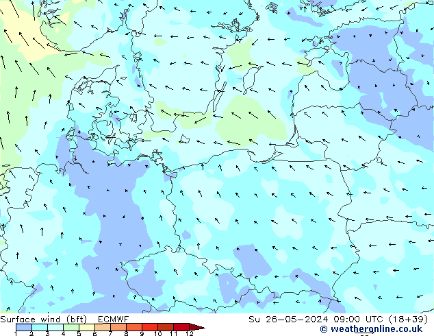 Surface wind (bft) ECMWF Su 26.05.2024 09 UTC