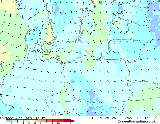 wiatr 10 m (bft) ECMWF wto. 28.05.2024 12 UTC