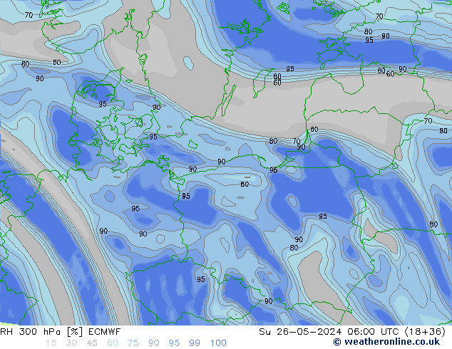 RH 300 гПа ECMWF Вс 26.05.2024 06 UTC