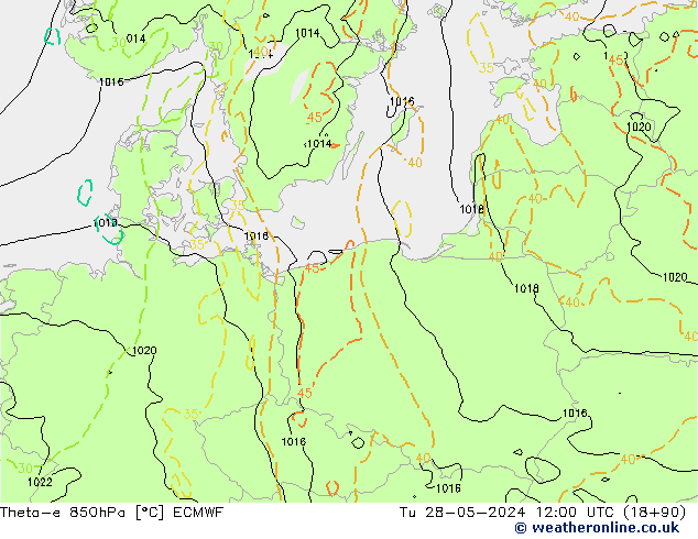 Theta-e 850hPa ECMWF Tu 28.05.2024 12 UTC