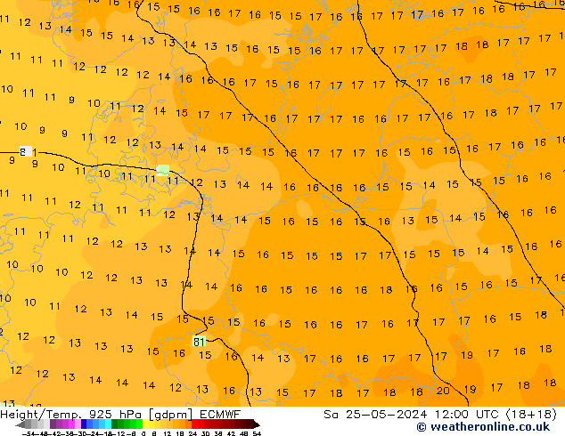 Height/Temp. 925 hPa ECMWF Sa 25.05.2024 12 UTC