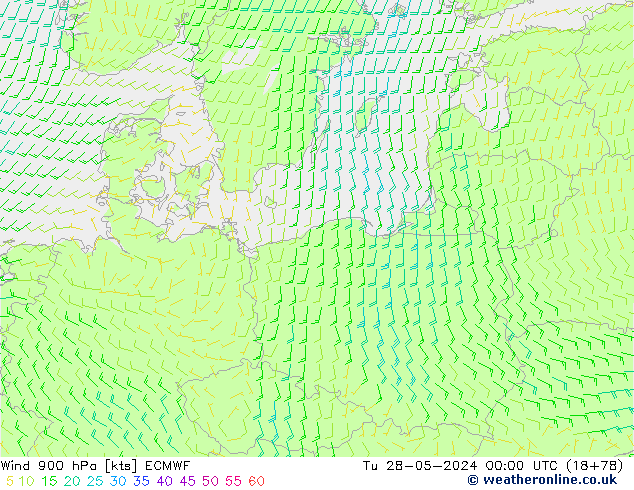 Wind 900 hPa ECMWF Út 28.05.2024 00 UTC