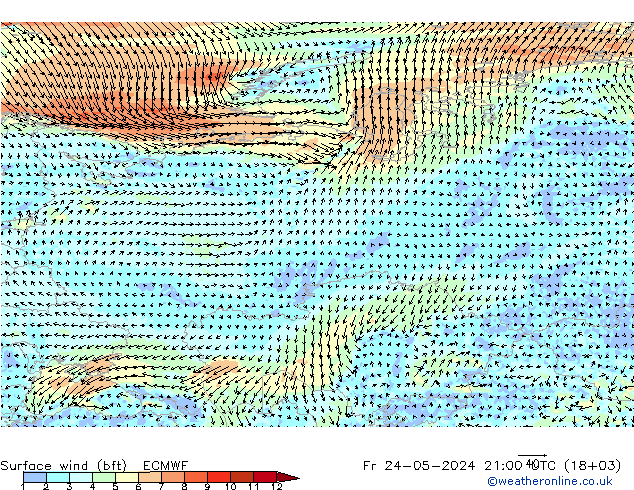 Bodenwind (bft) ECMWF Fr 24.05.2024 21 UTC