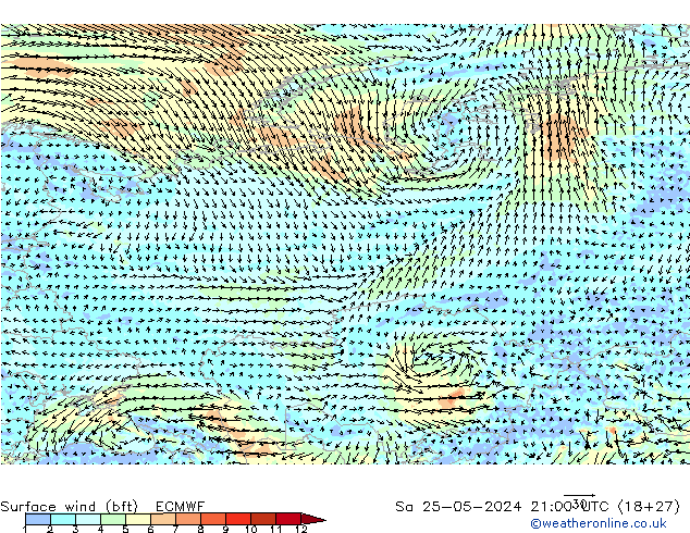 Viento 10 m (bft) ECMWF sáb 25.05.2024 21 UTC