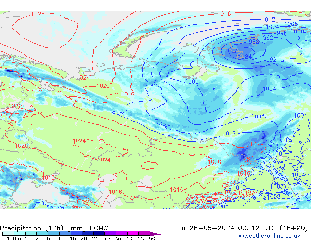 Totale neerslag (12h) ECMWF di 28.05.2024 12 UTC