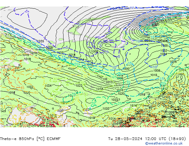 Theta-e 850hPa ECMWF wto. 28.05.2024 12 UTC