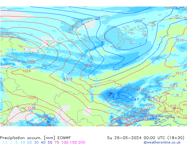 Precipitation accum. ECMWF Вс 26.05.2024 00 UTC