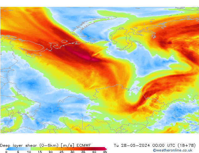 Deep layer shear (0-6km) ECMWF вт 28.05.2024 00 UTC